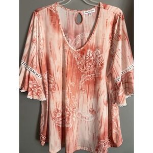 Stem & Vine Y2K Paisley Ruffle Pink & White Top Women's Size 3XL
